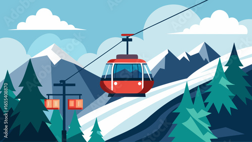 Red ski lift gondola traveling over snowy mountains and pine trees