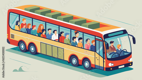People riding a colorful bus with luggage on the roof