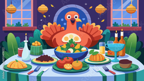 Cartoon thanksgiving turkey character serving a festive holiday meal