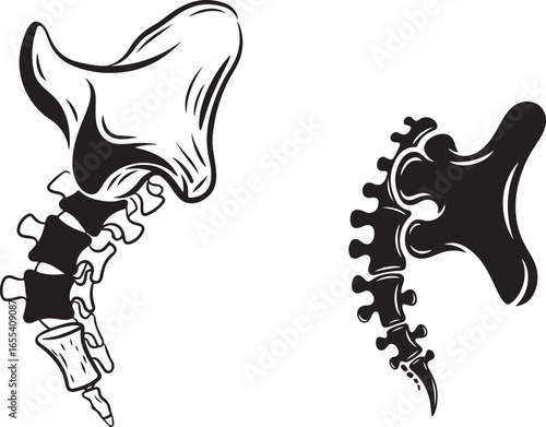 Black and White Vector Illustration of Two Human Sacrum Bones