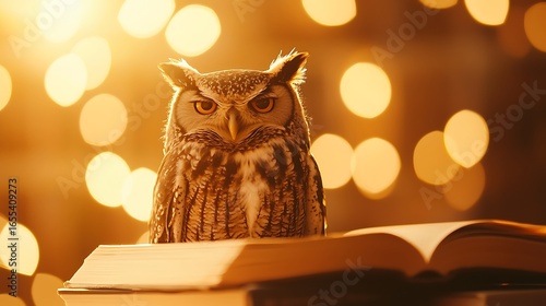 Wallpaper Mural Wise owl reading a book with warm bokeh lights in the background Torontodigital.ca