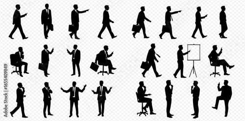 A collection of black silhouettes of businessmen in various professional poses and activities, such as walking, sitting, and presenting.