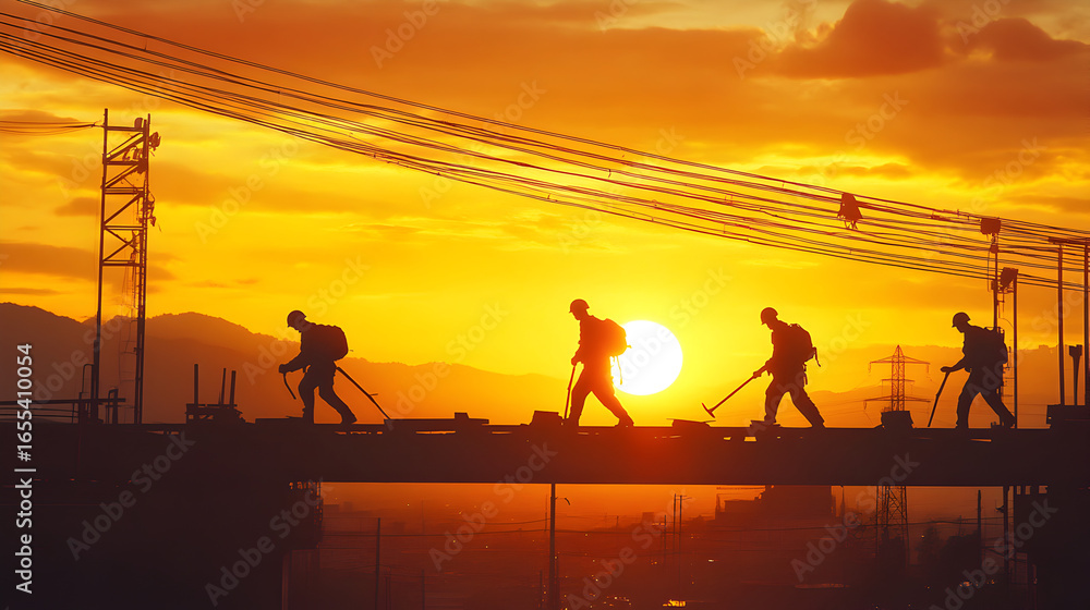 Fototapeta premium Silhouetted construction workers walking on a beam at sunset with tools and safety gear visible