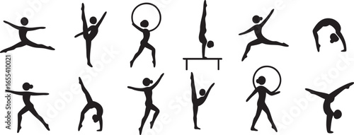 Female Gymnast Stick Figure Vector Set. Rhythmic Gymnastics and Acrobatics.