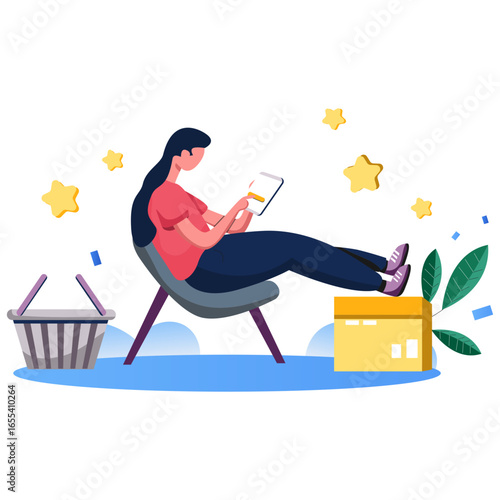 Relaxed woman happily browsing online deals on tablet, surrounded by shopping icons and stars, embodying modern e-commerce convenience and lifestyle.