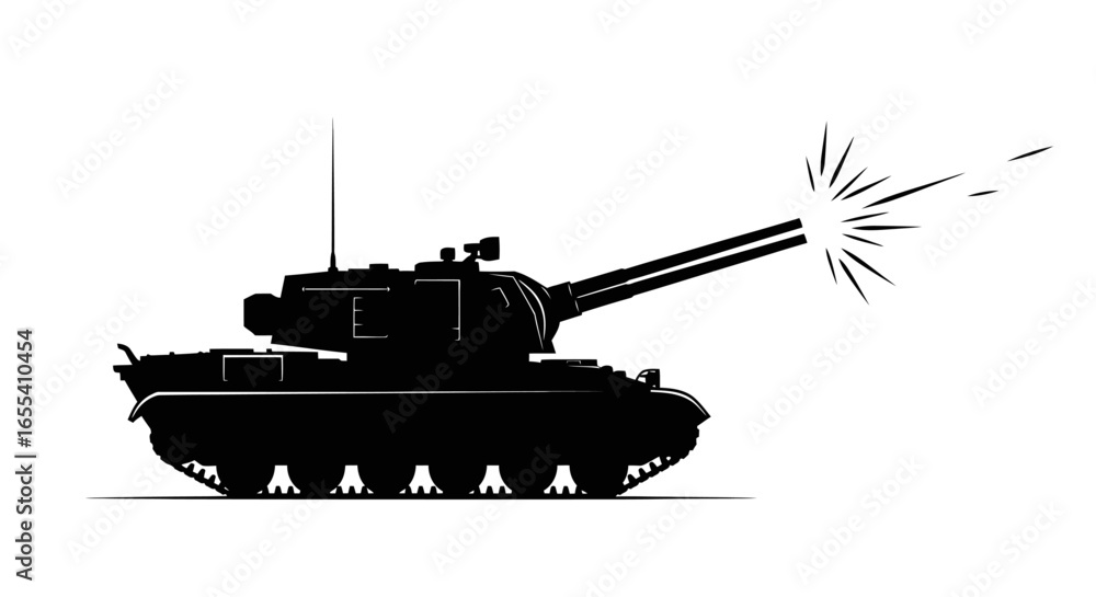 Fototapeta premium powerful silhouette of a tank firing illustrative vector for military strategy and war games