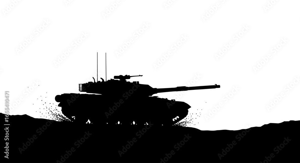 Fototapeta premium powerful silhouette of a tank advancing across a battlefield ideal for military war or strategy game designs