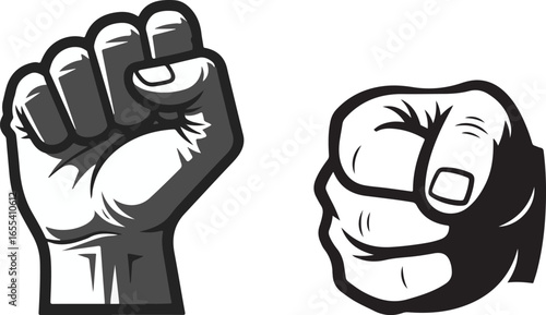 Vector illustration of two fists in different poses, isolated on white background.