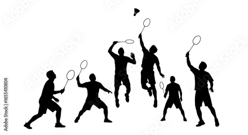 dynamic badminton players in silhouette action shots for sports websites app designs and print materials