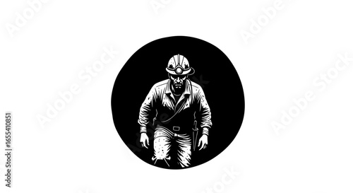 gritty miner emerging from darkness powerful black and white illustration for mining industry and hard work concepts