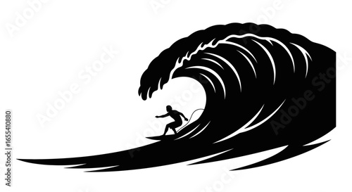 surfer riding a massive wave powerful black and white silhouette for surfing designs tshirts and water sports branding