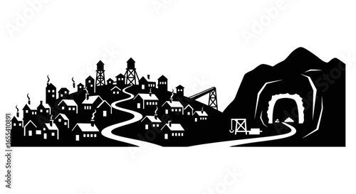 mining town silhouette illustrating resource extraction industry and community impact