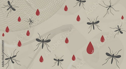 Mosquito Infestation Illustration of Insect Vectors and Blood Droplets