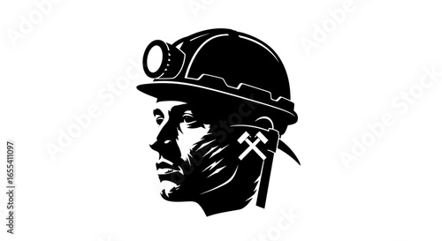 strong miner profile black and white illustration for mining industry and labor websites banners and logos