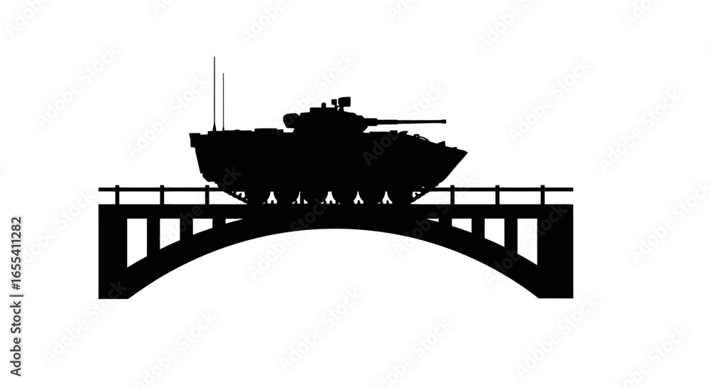 Fototapeta premium military tank crossing arch bridge powerful silhouette for war strategy and conflict concepts