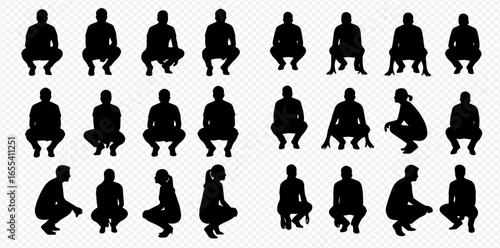 A collection of black silhouettes of men and women in various squatting and crouching poses, viewed from front and side angles.