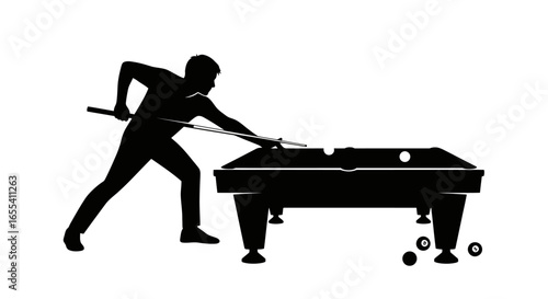 silhouette of a pool player executing a precise shot perfect for sports recreation and competitionthemed designs