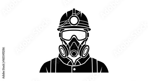miner safety icon black and white vector illustration of a coal miner wearing protective gear ideal for mining industrial safety and occupational health campaigns