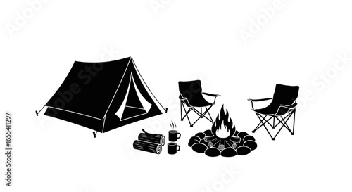 campsite icon tent campfire chairs coffee perfect for outdoorsy branding travel blogs or adventure websites