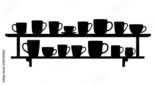 stylish black silhouette of coffee cups and mugs on a twotiered shelf perfect for cafe menu designs coffee shop branding or kitchen decor