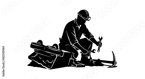 hardworking miner repairing equipment silhouette illustration for mining industry websites blogs and safety manuals