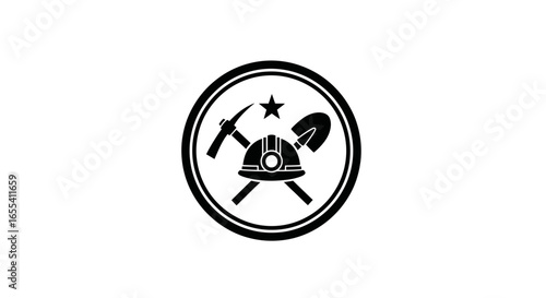 mining industry logo black and white circular emblem featuring miners helmet pickaxe shovel and star for branding and identity design