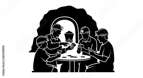 miners downtime a black and white illustration of coal miners playing cards in a mine shaft perfect for industry labor or leisure concepts