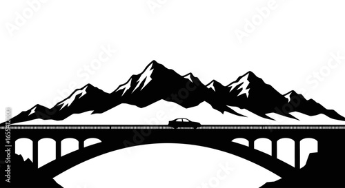 scenic mountain drive car crossing majestic bridge black and white illustration for travel adventure and road trip designs