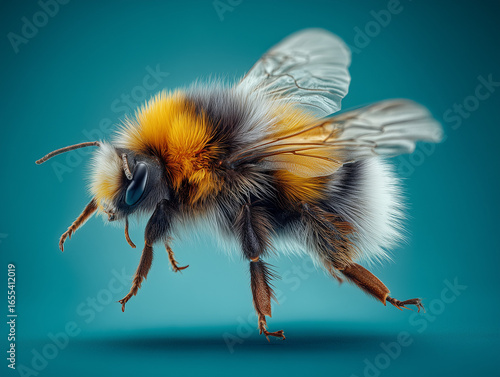 Bumblebee flying with spread wings on turquoise background