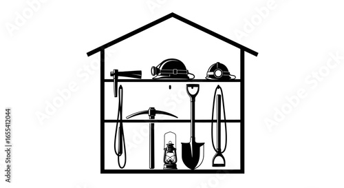 miners home safety gear and tools organized in a houseshaped icon perfect for mining safety campaigns industry websites and educational materials