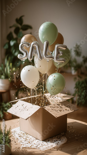 Sale balloons floating out of open cardboard box with falling confetti