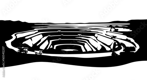 openpit mining operation illustrative black and white vector graphic for mining industry and resource extraction reports