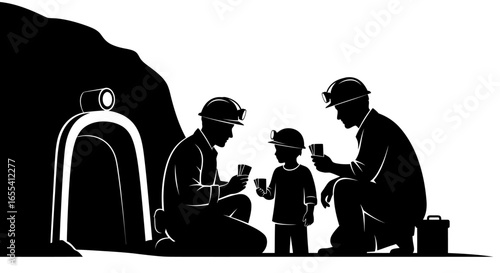 miners sharing a moment of play with their child near mine entrance illustrating family worklife balance and the legacy of mining