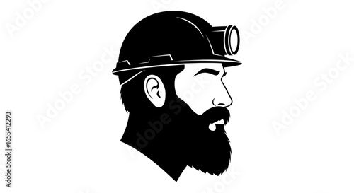 bearded miner in profile strong silhouette for mining construction and industrial branding
