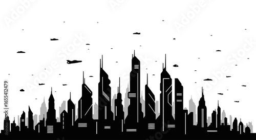 futuristic cityscape silhouette perfect for scifi technology and urban design projects illustrating a modern metropolis with flying vehicles