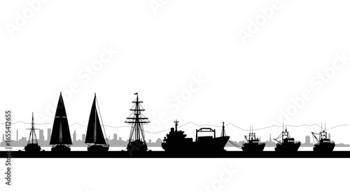 panoramic silhouette of ships and sailboats at harbor ideal for maritime travel and transportation designs