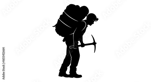 weathered miner with heavy backpack and pickaxe silhouette for mining adventure and hard work concepts