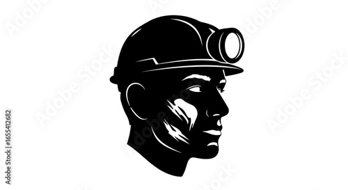 strong miner profile black and white silhouette for mining industry and labor websites logos and apparel designs