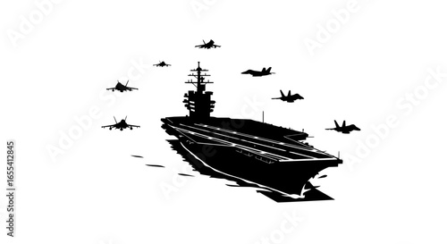 aircraft carrier and fighter jets powerful silhouette image for military aviation and naval projects