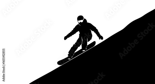 snowboarder silhouette descending slope striking black and white vector graphic for winter sports designs websites and branding