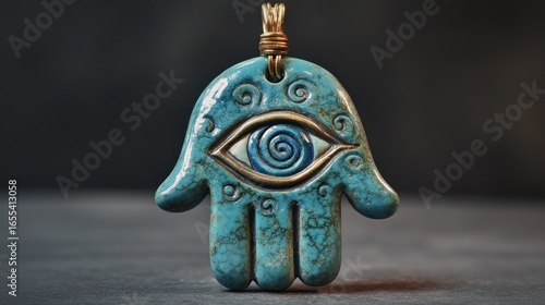 Hamsa amulet, stylized hand shape, crafted from polished turquoise with a central eye made of a swirling, protective blue nebula