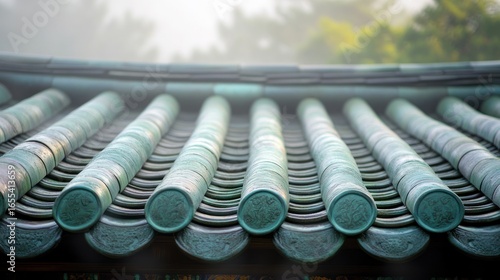 Korean Hanok - Celadon Pottery Roof: Traditional Korean Hanok with gracefully curved roof tiles made of luminous celadon pottery