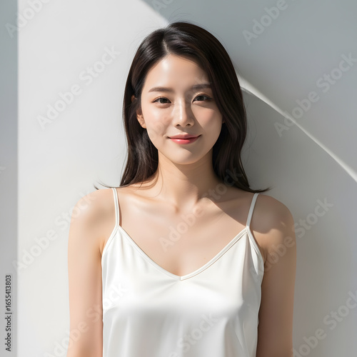 Natural beauty portrait of a serene young Asian woman with perfect clean skin. Korean skincare, spa, and wellness concept with soft window light.