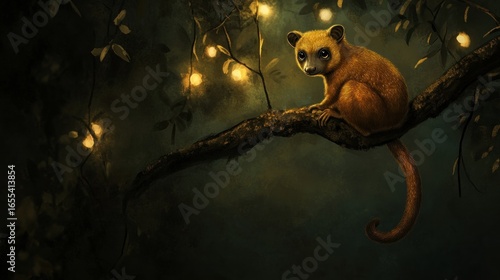 Kinkajou, its prehensile tail wrapped around an unseen branch, golden fur, nocturnal, curious eyes, soft rainforest night light