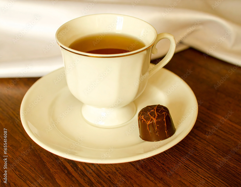 Fototapeta premium A porcelain teacup filled with herbal tea and a single chocolate praline on a saucer