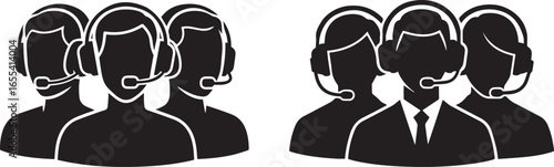 Black and white vector illustration of customer support teams