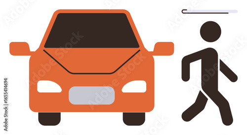 Orange car facing forward, recognizing pedestrian walking with a white cane, suggesting safety, technology, and accessibility. Ideal for concepts thumbs up smart cities, AI, mobility, safety