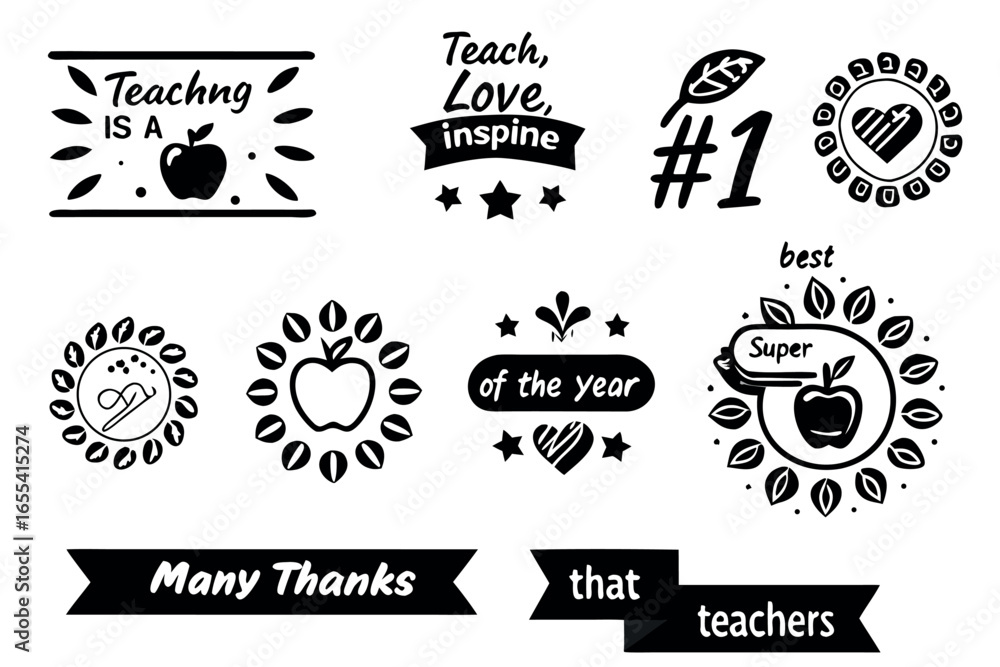 Obraz premium Collection of black and white teacher appreciation and recognition graphic elements teaching award