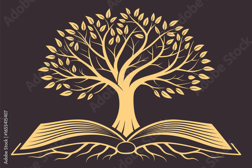 Golden Tree of Knowledge Growing from Open Book with Visible Roots on Dark Background vector