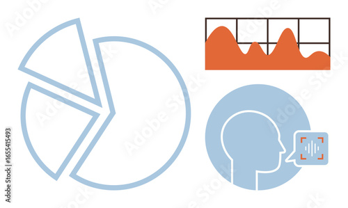 Pie chart, line graph with peaks, and profile with voice recognition icon. Ideal for data analysis, technology, communication, machine learning, trends business AI research. Simple flat metaphor